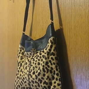 Tory Burch Leopard Print Calf Hair Hobo Bag Black Leather Gold Logo